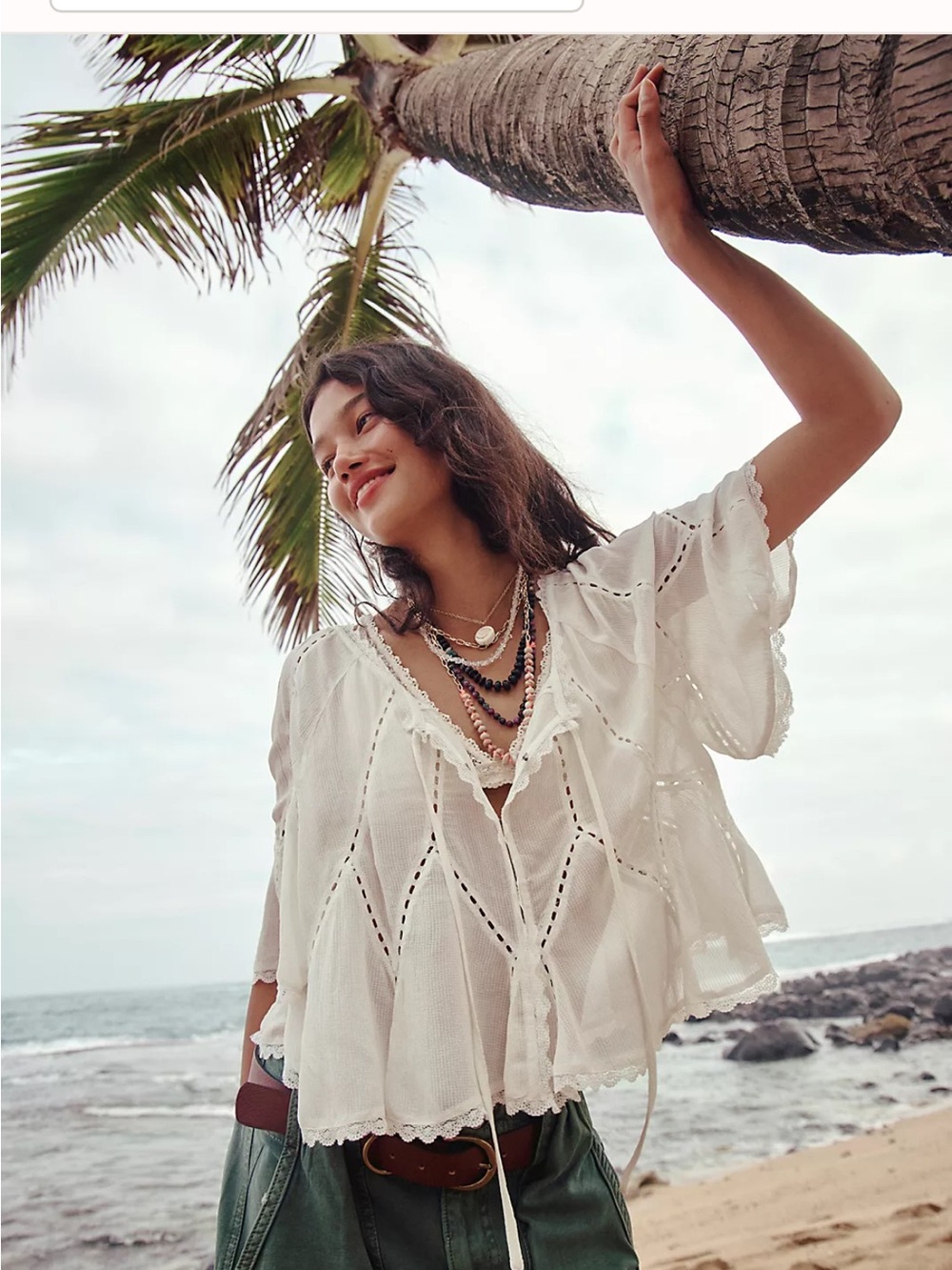 Free People Cream Lace-Trim Flowy Blouse/Camisole NWOT
